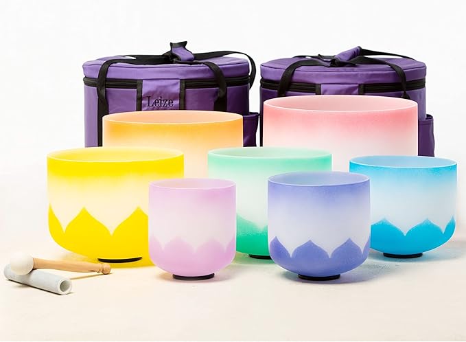 Leize 6-12 inch Lotus Design Colored Rim Chakra Tuned 432hz Set of 7 Quartz Crystal Singing Bowls with Heavy Duty Carrying Cases and Singing Bowl Mallet Suede Strikers