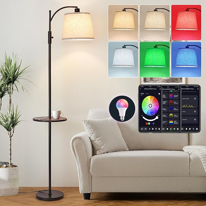 AIDENOEY Smart Floor Lamp with Side Table | Stepless Dimming, RGB Multi-Color | Adjustable Swivel Head | Voice Control with Alexa & Google Assistant |Black Lamp for Living Room,Bedroom,Home Office - Bloomnest