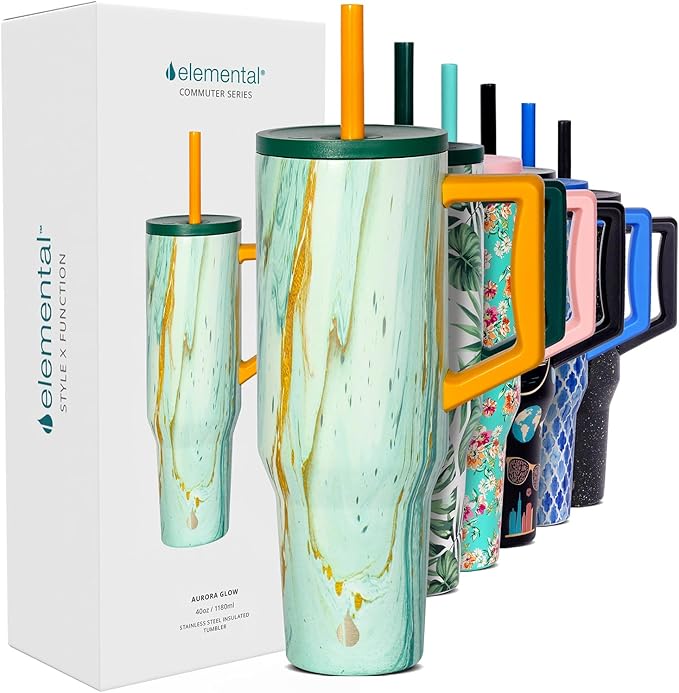 Elemental 40 oz Tumbler with Handle and Straw - Spill Proof Insulated Stainless Steel Commuter for Hot and Cold Beverages - Travel Coffee Mug with 2 Straws & Spill Proof Lid - 40oz - Aurora Glow - Bloomnest