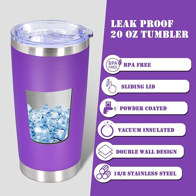 20 oz Tumbler with lid Double Wall Vacuum Insulated Tumblers Stainless Steel Coffee Mug Travel Coffee Tumbler Powder Coated Tumbler Cup Keep Hot&Cold - (PurPle 6 Pack)