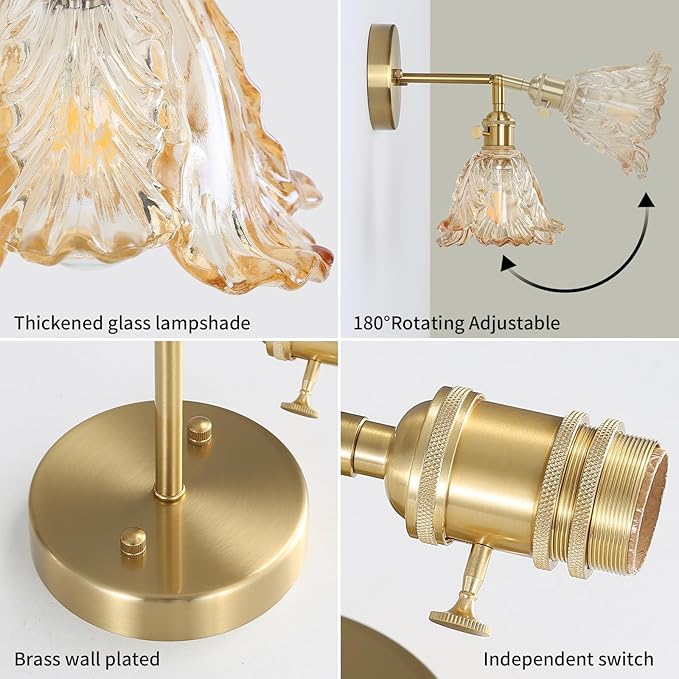 Vintage Wall Sconces Set of 2, Cabbage Amber Lampshade & 180 Degree Adjustable, Brass Wall Lights, for Bedroom Living Room Hallway Aisle, Bulbs Not Included, ETL Listed - Bloomnest
