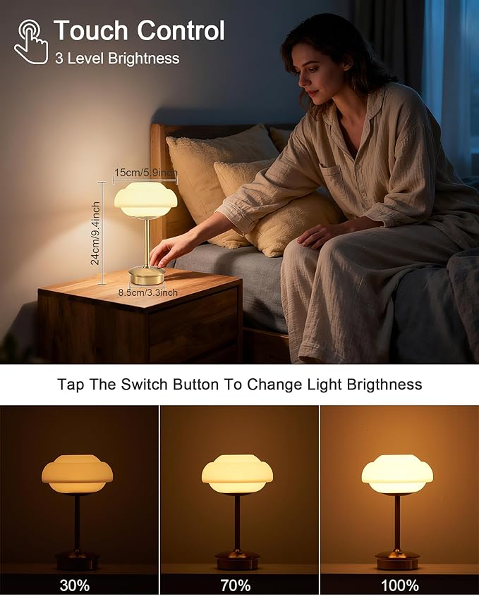 9" Mini Cordless Table Lamp with Cloud-Shaped, Small Rechargeable Battery Operated Lamps, 3-Way Touch Dimmer, Portable Brass Bedside Night Light for Restaurant Dining Kitchen Bathroom Patio Side Table - Bloomnest