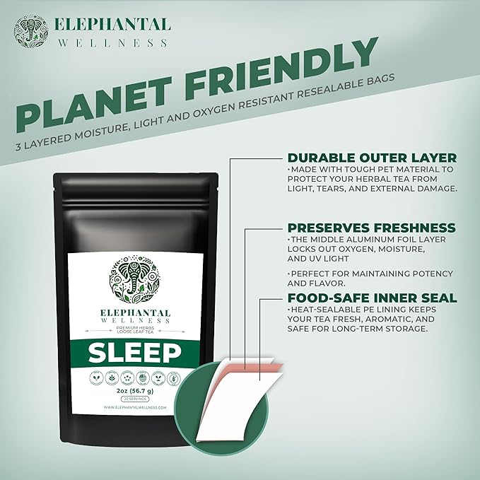 Elephantal Wellness Premium Sleep Herbal Tea | Deep Rest & Relaxation Support with Valerian Root, Passionflower, Chamomile, Lemon Balm Tea & Skullcap | Handmade, Caffeine-Free, Non-GMO Loose Leaf Blend, 2oz, 20 Servings - Bloomnest