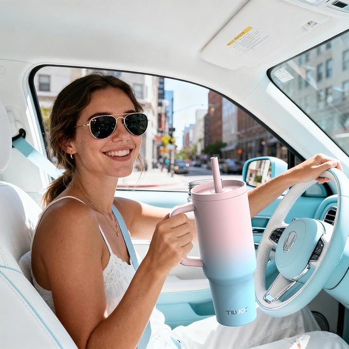 TILUCK 30 oz Tumbler with Handle, Vacuum Insulated Stainless Steel Travel Mug with 100% Leak-Proof Silicone Straw Lid, Cupholder Friendly Water Bottle(PinkBlueGradient, 30oz) - Bloomnest