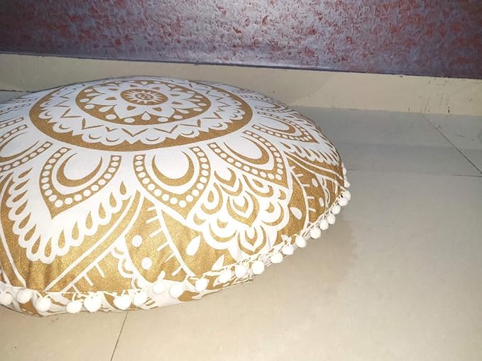 24" White Gold Flower Mandala Barmeri Large Floor Pillow Cover Cushion Meditation Seating Ottoman Throw Cover Hippie Decorative Zipped Bohemian Pouf Ottoman Pom Pom Cases ( 24 " round) - Bloomnest