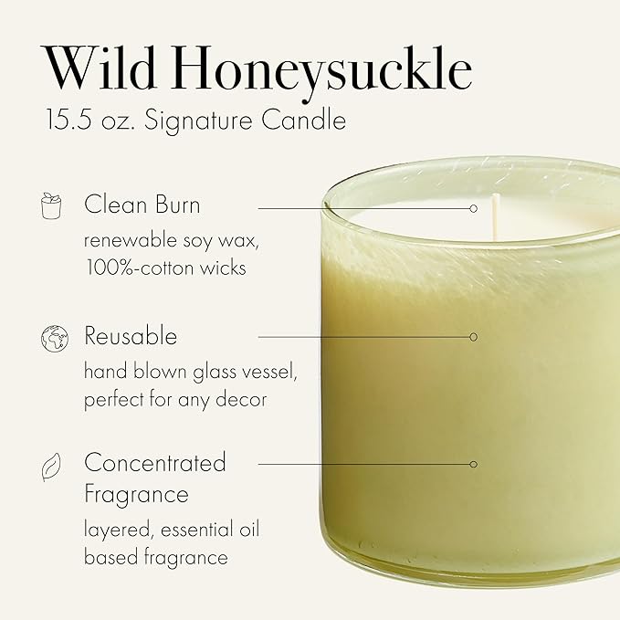 LAFCO New York Signature Candle, Wild Honeysuckle - 15.5 oz - 90-Hour Burn Time - Reusable, Hand Blown Glass Vessel - Made in The USA - Bloomnest