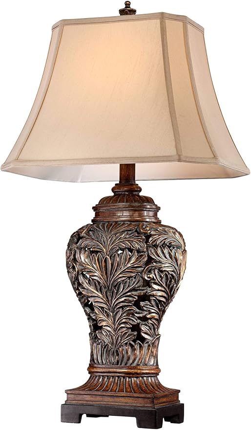 Barnes and Ivy Traditional Table Lamps 32.5" Tall Set of 2 Bronze Brown Carved Leaf Openwork Vase Tan Rectangular Shade Decor for Living Room Bedroom House Bedside Nightstand Home Office - Bloomnest