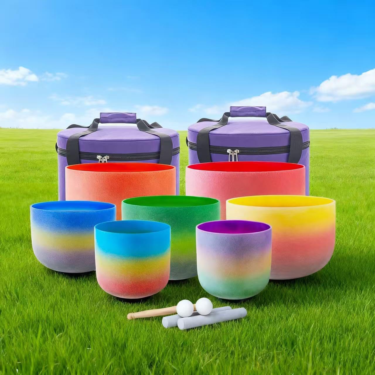 Hye-eun 432hz Crystal Singing Bowls,7-12 Inch Rainbow Colored Quartz Sound Bowl Set of 7pcs with Carrying Case for Yoga Sound Healing Instrument Meditation