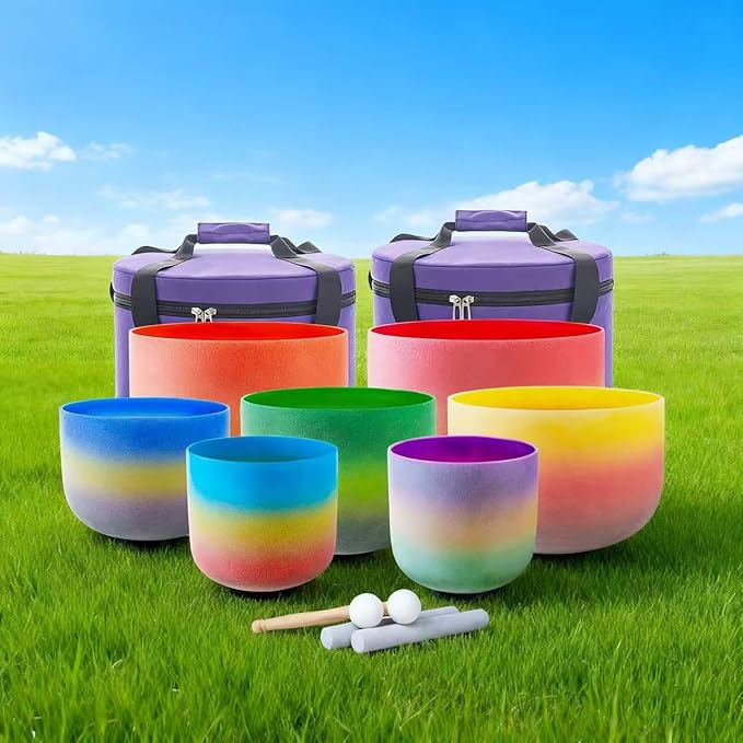 Hye-eun 432hz Crystal Singing Bowls,7-12 Inch Rainbow Colored Quartz Sound Bowl Set of 7pcs with Carrying Case for Yoga Sound Healing Instrument Meditation - Bloomnest