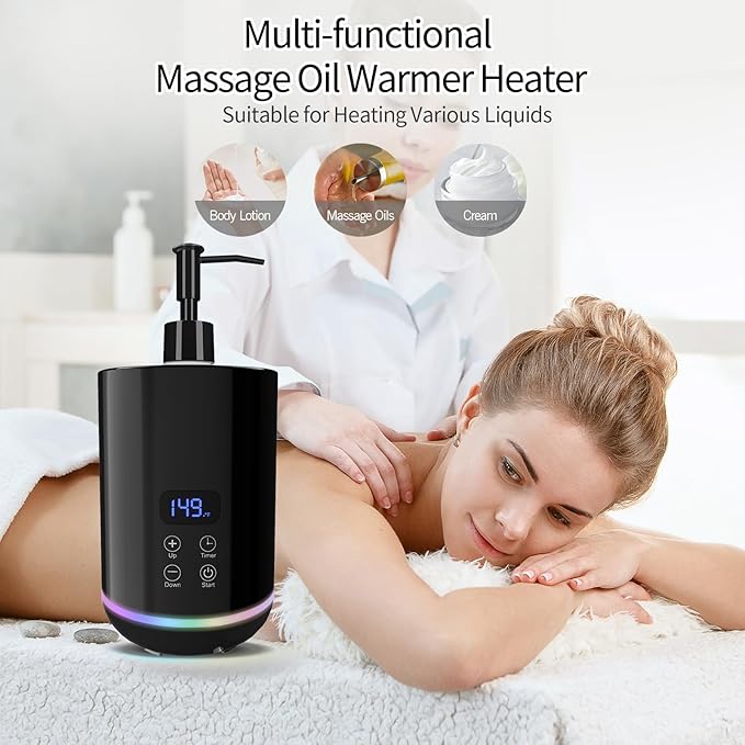 Lotion Warmer, Yofuly Massage Oil Bottle Digital Heater with Atmosphere Light, Portable Electric Cream Heated Dispenser Gua Sha Roller Kit for Spa, Salon and Home Use, Black - Bloomnest