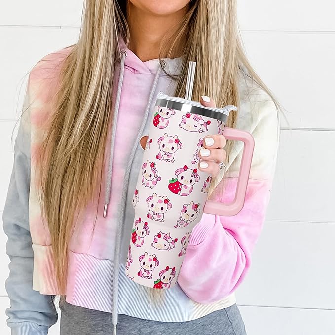 Ceovfoi 40 Oz Strawberry Cow Tumbler With Handle, Cow Print Coffee Travel Mug Cup Water Bottle, Strawberry Decor, Cow Print Gifts for Women - Bloomnest