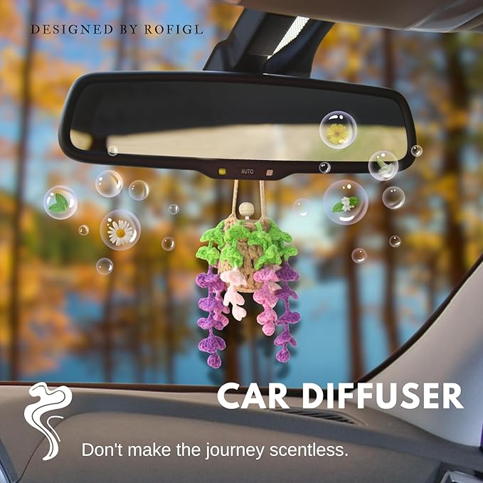 Handmade Crochet Hanging Car Air Freshener - Botanical Wisteria Blossom Design with 12ml Refillable Glass Essential Oil Bottle, Long-Lasting Car Diffuser & Nature-Inspired Decor - Bloomnest