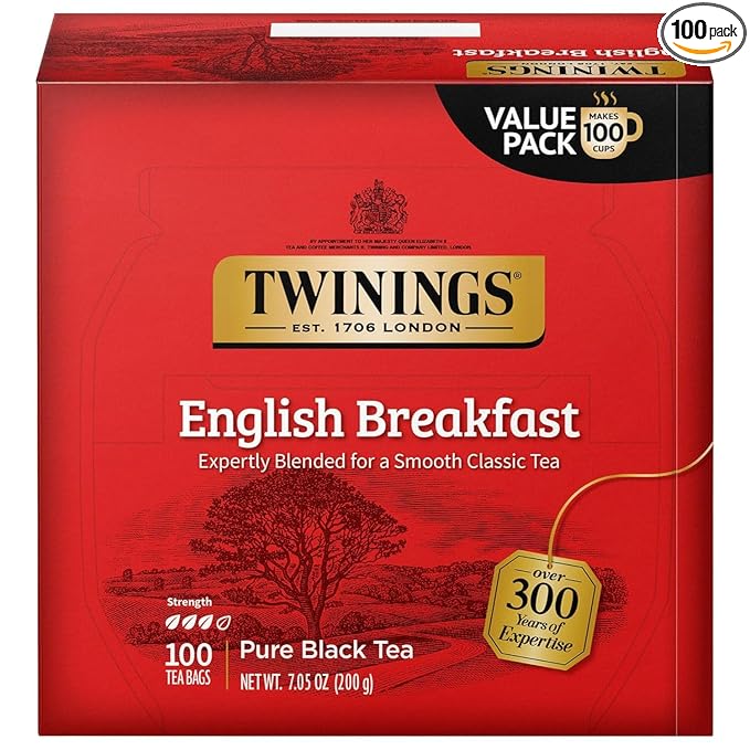 Twinings English Breakfast Black Tea Individually Wrapped Bags, 100 Count (Pack of 1), Smooth, Flavourful, and Robust, Caffeinated, Enjoy Hot or Iced, 100 Teabags - Bloomnest