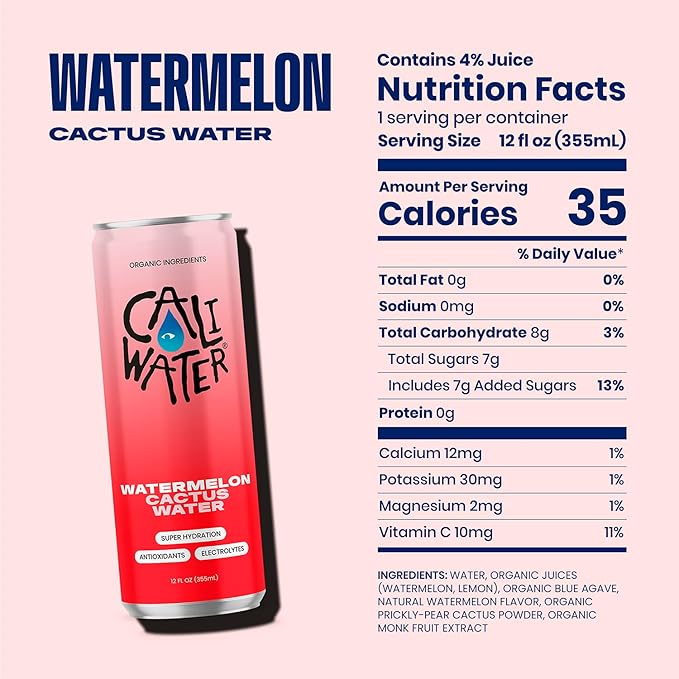 Caliwater - Organic Cactus Water - Watermelon - 5g Sugar, 35 Calories - Half Sugar of Coconut Water - Natural Plant Based Hydration - Skin Care, Electrolyte Drinks - Flavored Water Beverages - 12 Cans - Bloomnest