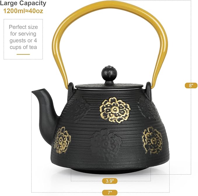 Ufine Cast Iron Teapot with Infuser for Loose Leaf Tea Japanese Style Tea Kettle for Stove Top, Enameled Interior Sakura Design (Black,40oz/1200ml) - Bloomnest