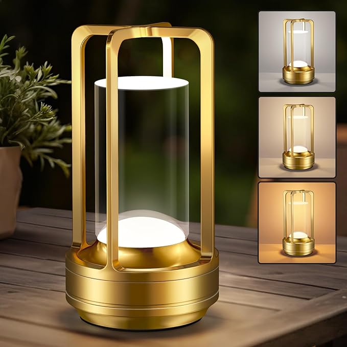 Portable Table Lamp for Outdoor Indoor: Cordless Rechargeable Desk Lamp with 3 Color Stepless Dimmable - Metal Battery Operated Small Lantern Light for Restaurant/Bedroom/Bar/Coffee Shop/Camping - Bloomnest