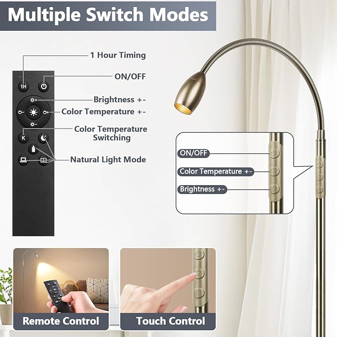Reading Floor Lamp, 72" Tall LED Lamp with Flexible Gooseneck, Dimmable Zoomable Spotlight, Adjustable Color Beam Standing Lamp, Touch & Remote Control, Task Craft Bedroom Living Room (Bronze) - Bloomnest