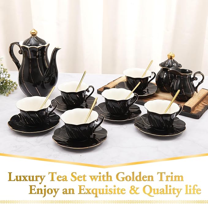DUJUST 22 pcs Porcelain Tea Set for 6, Luxury British Style Tea/Coffee Cup Set with Golden Trim, Beautiful Tea Set for Women, Tea Party Set, Gift Package (Including a Stand) - Black - Bloomnest