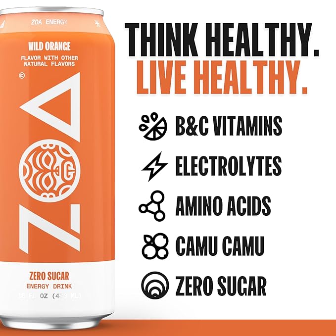 ZOA Zero Sugar Energy Drinks, Wild Orange - Sugar Free with Electrolytes, Healthy Vitamin C, Amino Acids, Essential B-Vitamins, and Caffeine from Green Tea - 16 Fl Oz (12-Pack) - Bloomnest