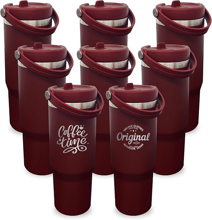 30 oz Tumbler with Handle, Double Wall Vacuum Insulated Tumblers with Flip Straw, Coffee Mug 30oz Powder Coated Cup for Hot and Cold Drinks(Red,8 pack)