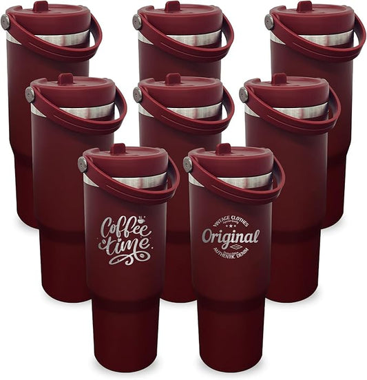 30 oz Tumbler with Handle, Double Wall Vacuum Insulated Tumblers with Flip Straw, Coffee Mug 30oz Powder Coated Cup for Hot and Cold Drinks(Red,8 pack)