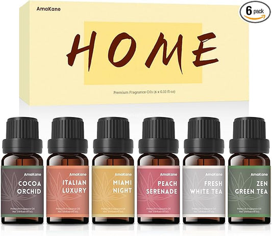 AmaKane Home Fragrance Oils, Diffuser Oils Scents for Home, Candle Making Scents, Fragrance Oil for Soap Making, Fresh White Tea, Cocoa Orchid, Peach Serenade and More Essential Oils, 6x10 ml - Bloomnest