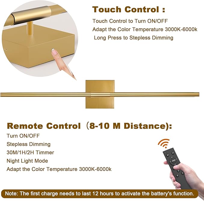 31.5 Inch Battery Operated Wall Sconce Set of Two, 8000mAh USB Rechargeable Wall Sconce with Remote Control, 360°Rotate Dimmable 3000K-6000K LED Wall Lights for Living Room, Hallway, Bedroom, Gold - Bloomnest