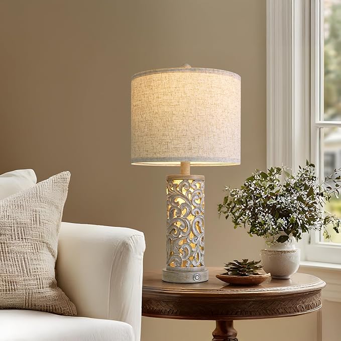22" Farmhouse Table Lamp,Dual Light Touch Lamp with 3-Level Dimming,Lamps for Bedroom with USB A+C Charging Ports,Lamps for Living Room - Bloomnest