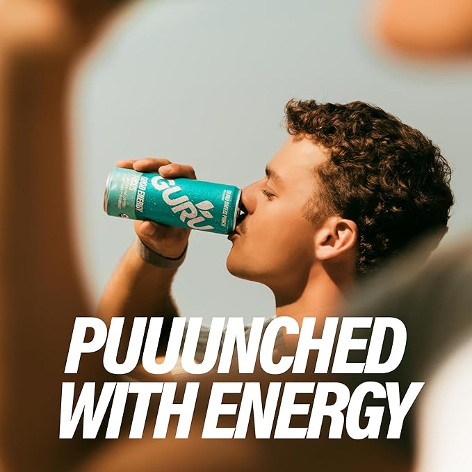 GURU Island Breeze Punch Organic Energy Drinks, Clean Energy Drink with Plant Based Natural Caffeine from Green Tea + Focus with L Theanine, Gluten Free and Vegan, 140MG Caffeine, 12oz (Pack of 24) - Bloomnest