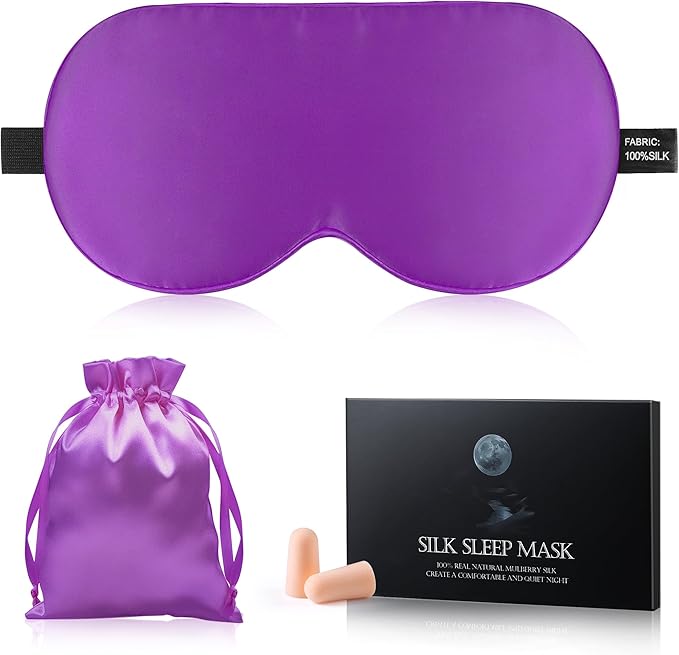 Silk Sleep Mask Eye Cover, 100% Mulberry Silk Women Men Eye Mask for Sleeping Blackout with Adjustable Straps, No Pressure Soft Blindfold Night Eye Shade, Eyemasks for Travel (Purple)