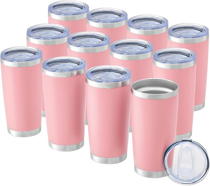 OMTech 20oz Tumblers Bulk, 12pc Stainless Steel Tumbler Set with Lid & Straw, Double Wall Vacuum Insulated Mug for Laser Engraver, Travel Coffee Mug for Hot & Cold Drinks, Pink Powder Coated Cup - Bloomnest