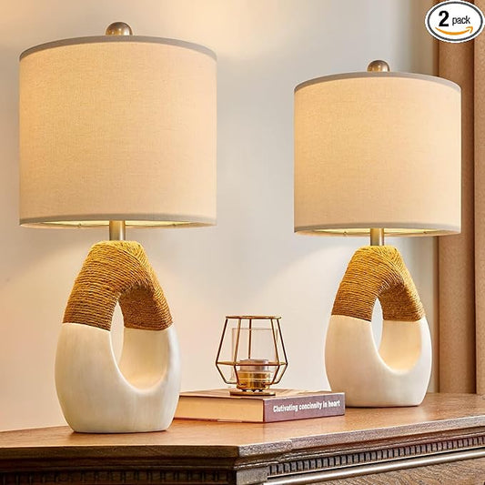 OYEARS Boho Table Lamps Bedroom Living Room Set 2 Small Farmhouse Rattan Table Lamp 19”Rustic Home Decoration Nightstand Bedside Lamp for Office Compatible with Smart Light Bulbs(Not Include Bulbs) - Bloomnest