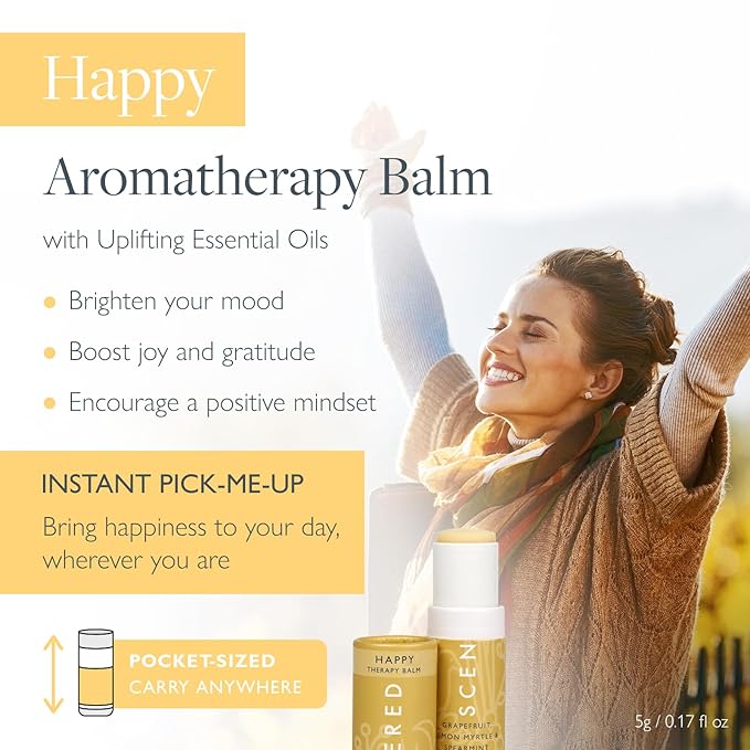 Scentered Aromatherapy Balm Stick - Happy - Mood Boost Roll On Essential Oils Blend for Positive Thinking - 100% Natural: Grapefruit, Cedarwood, Lemon Myrtle Essential Oil - Positive Gifts for Women - Bloomnest