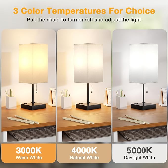 aooshine White Table Lamp for Bedside - 3 Color Temperature 3000K 5000K 4000K Bedroom Lamp, Pull Chain Control, USB A and C Ports, AC Outlets, Bulb Included, Medium - Bloomnest