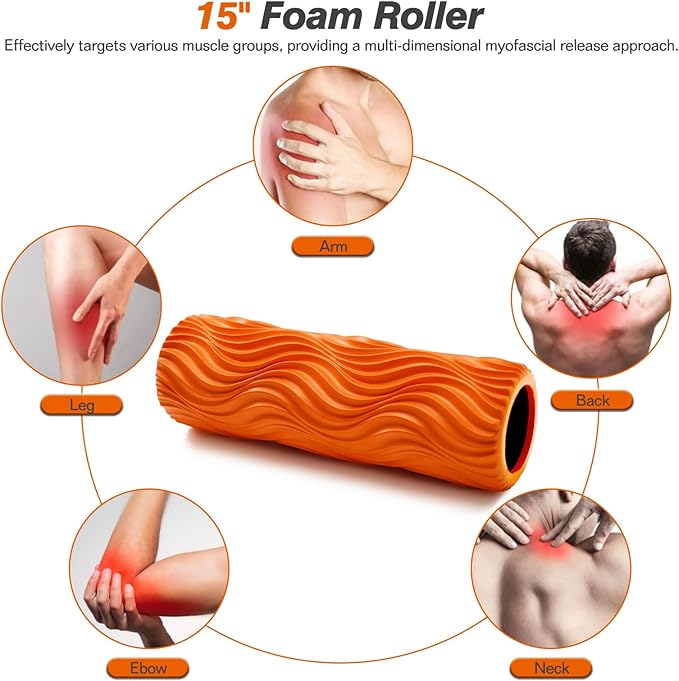 5 in 1 Foam Roller Set - Trigger Point Foam Back Roller, Muscle Roller Stick, Massage Ball, Stretching Band for Deep Muscle Massage Pilates Yoga,Fitness Exercise for Whole Body Release (Orange) - Bloomnest