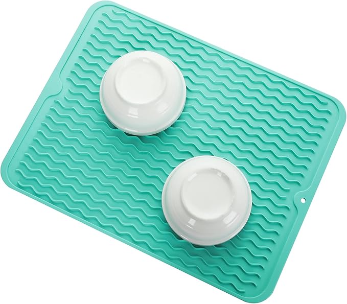 Silicone Dish Drying Mat for Multiple Usage,Easy clean,Eco-friendly,Heat-resistant Silicone Mat for Kitchen Counter or Sink,Refrigerator or drawer liner Mint L 16 inches x 12 inches - Bloomnest