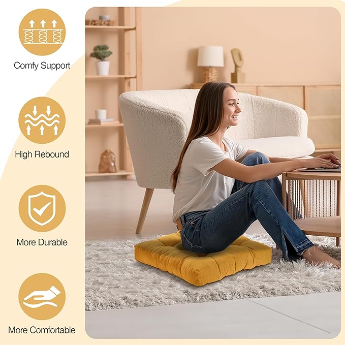 Floor Cushions for Adults Floor Pillows for Sitting Large Square Tufted Meditation Pillows Memory Foam 2 Pcs, 22" x 22", Orange Yellow - Bloomnest
