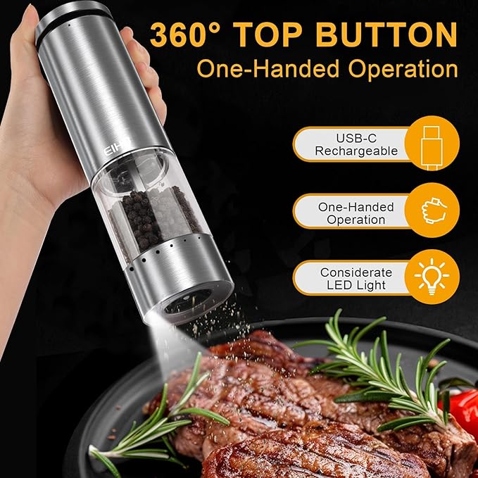 Electric Salt and Pepper Grinder Set Rechargeable, External Adjustable Coarseness, Automatic Salt & Pepper Shakers Mills, Kitchen Gadgets,Stocking Stuffers Christmas Cooking Gifts for Adults Men Women - Bloomnest