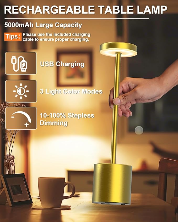 Cordless Table Lamps Rechargeable Set of 2, Portable LED Desk Lamp, 5000mAh Battery Powered Wireless Table Light - 3 Color Dimmable Lighting for Restaurant Dining Patio Outdoor Bedroom(Gold) - Bloomnest