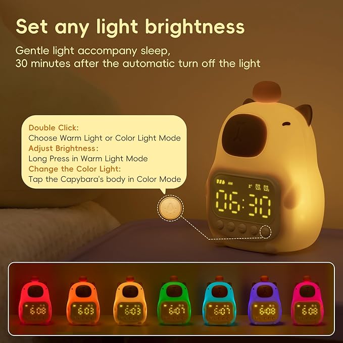 Capybara Alarm Clock with Night Light for Kids, Cute Toddler Alarm Clocks for Bedrooms Ok to Wake Clocks for Girls and Boys, Silicone Animal Tabletop Lamp for Kid, RGB Color - Bloomnest