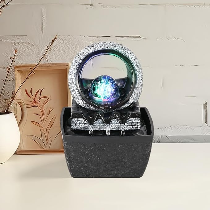Tabletop Water Fountains, 3 Gears Desktop Fountain Indoor with Led Rolling Ball, Table Top Small Water Feature Interior Zen Relaxation Decor for Home Bedroom Living Room Office Apartment - Bloomnest