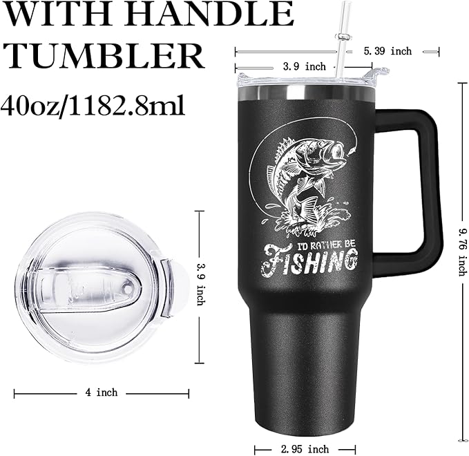 Ceovfoi 40 oz Black Stainless Steel Tumbler With Handle, Fishing Gifts for Men, American Flag Patriotic Cup - Bloomnest