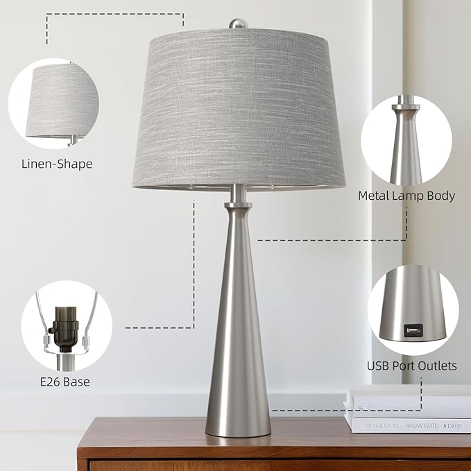 Oneach 25.75" Modern Table Lamp Set of 2, Bedside Lamps with USB Ports, Silver Nightstand Lamps Set for Living Room Bedroom House Bedside Home Office Family - Bloomnest