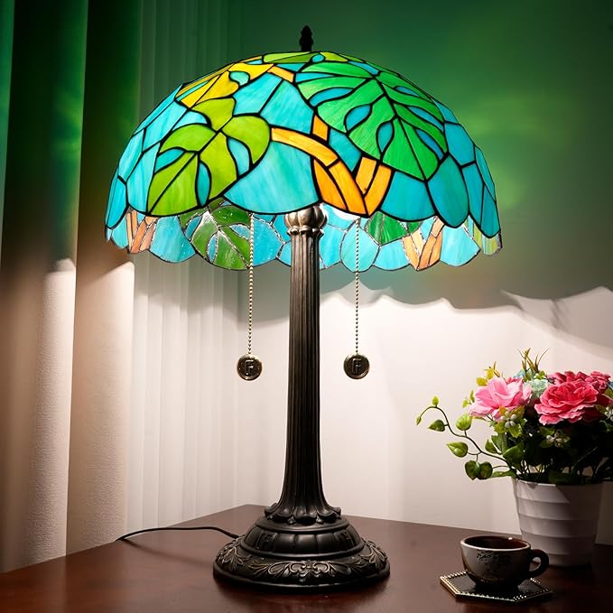 Tiffany Table Lamp Monstera Deliciosa Stained Glass Lamp Antique 16 inch Monstera Swiss Cheese Plant Handmade Large Desk Light for Home Living Room Bedroom Office - Bloomnest