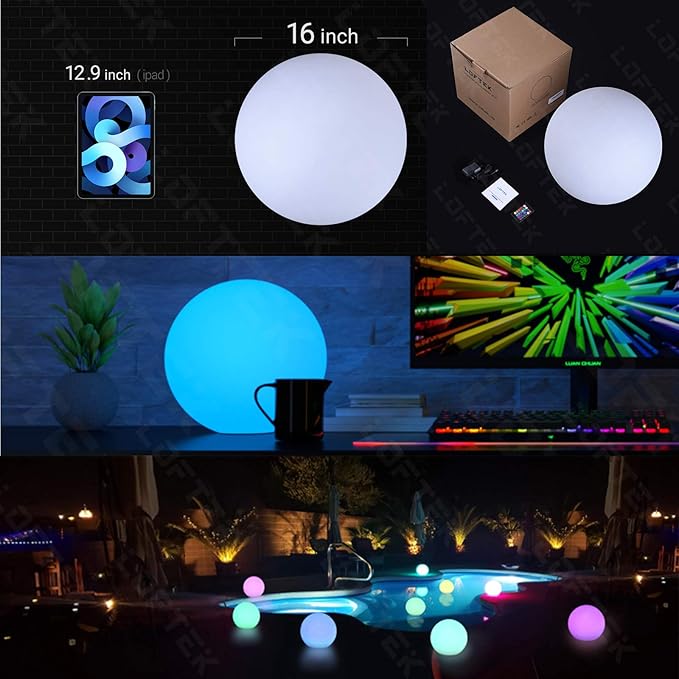 LOFTEK 16-inch Large Nursery Night Light Ball: 16 Colors Change Floating Light with Remote Control, Rechargeable and Waterproof Night Lights,for Home Decor Study Area, Living Room - Bloomnest