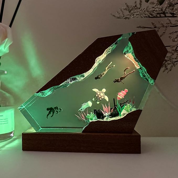 Octopus Ocean Resin Lamp, Handmade Wooden Table Resin Night Light, USB Port Art Ornaments for Home Office Decor, Scuba Diver Gifts for Birthday Holiday, Valentine's Day Gifts for Husband - Bloomnest
