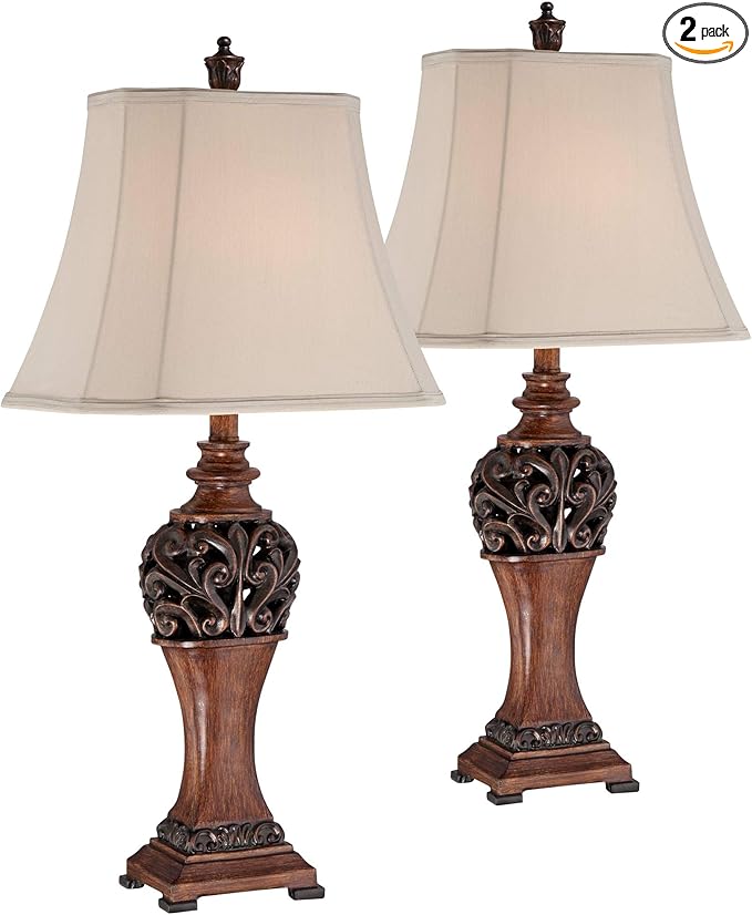 Regency Hill Exeter Traditional Style Table Lamps 30" Tall Full Size Set of 2 Bronze Wood Carved Leaf Creme Rectangular Bell Shade Decor for Living Room Bedroom House Bedside Nightstand Office - Bloomnest