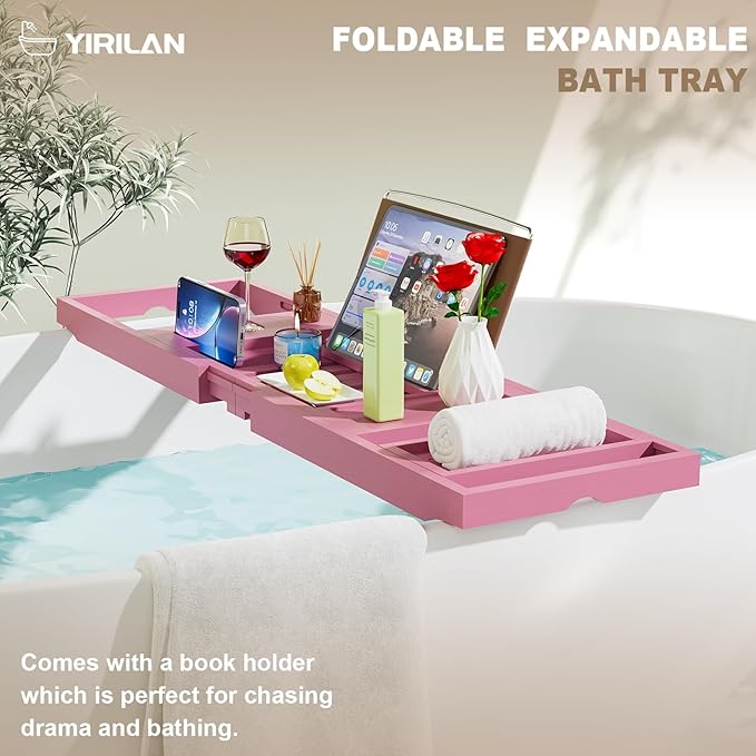 Yirilan Foldable Bathtub Caddy, Expandable Bath Caddy Tray, Unique House Warming Gifts, New Home, Anniversary and Wedding Gifts for Couple, Pink - Bloomnest