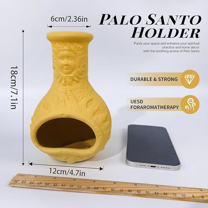 Palo Santo Burner Holder,Yellow Mini Chiminea with Chimney Handmade Smudge Bowl fits sage, Incense Cones, Sticks, Small Candle; with ash Collection. Great for Zen Meditation, Altar Fireplace - Bloomnest