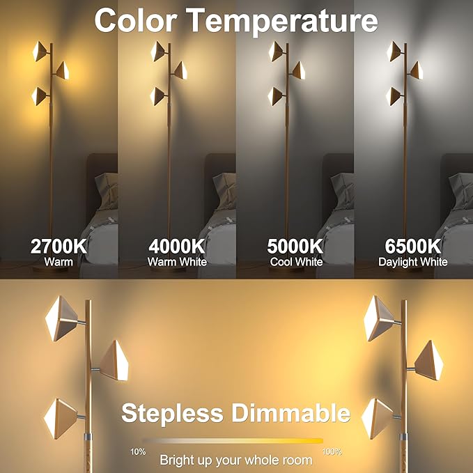 PARTPHONER RGB Tree Floor Lamp for Living Room, Stepless Dimmable Tall Standing Lamp with Remote, Touch Control and 3 Rotatable Light, Bright LED Lights for Bedroom with 4 Color-Changing, Gold - Bloomnest